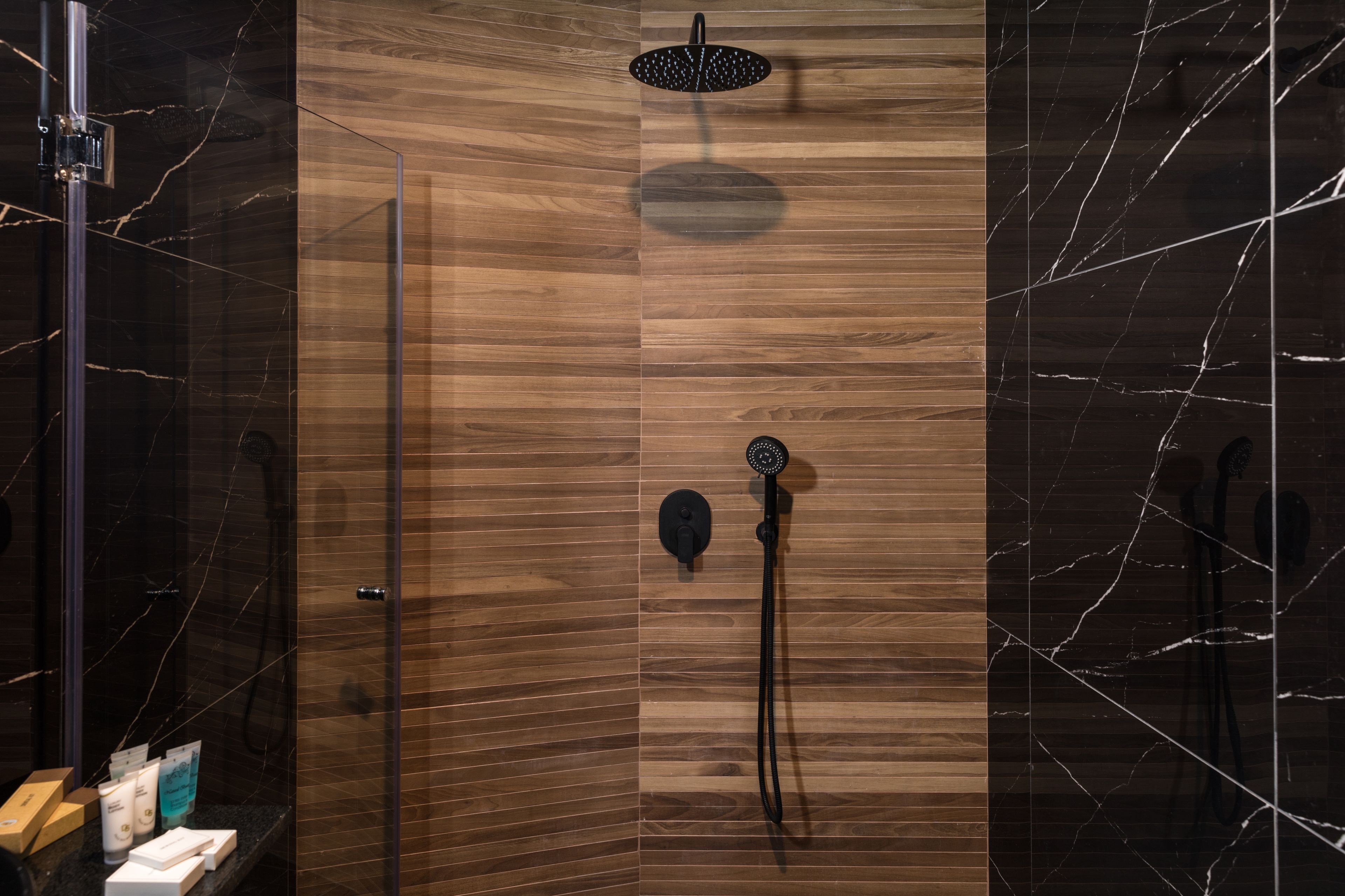 shower, free toiletries, hair dryer, towels