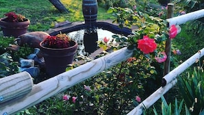 Un jardín con cerca de madera, plantas en macetas y una pequeña fuente.