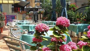 Ein Essbereich im Freien mit gedeckten Tischen, umgeben von Blumentöpfen und Blumen.