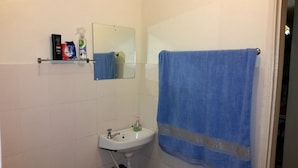 Une salle de bain avec un lavabo, un miroir et une serviette bleue.
