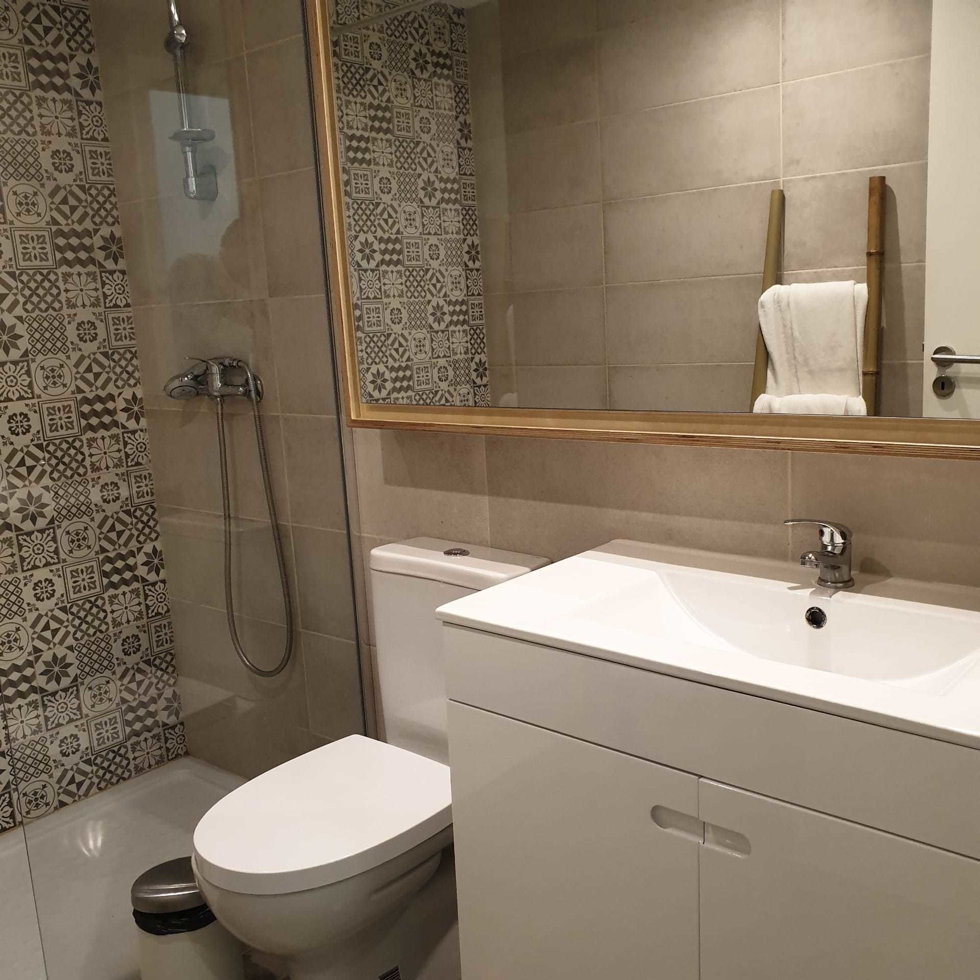 A bathroom with a toilet, a shower, a sink, and a mirror.