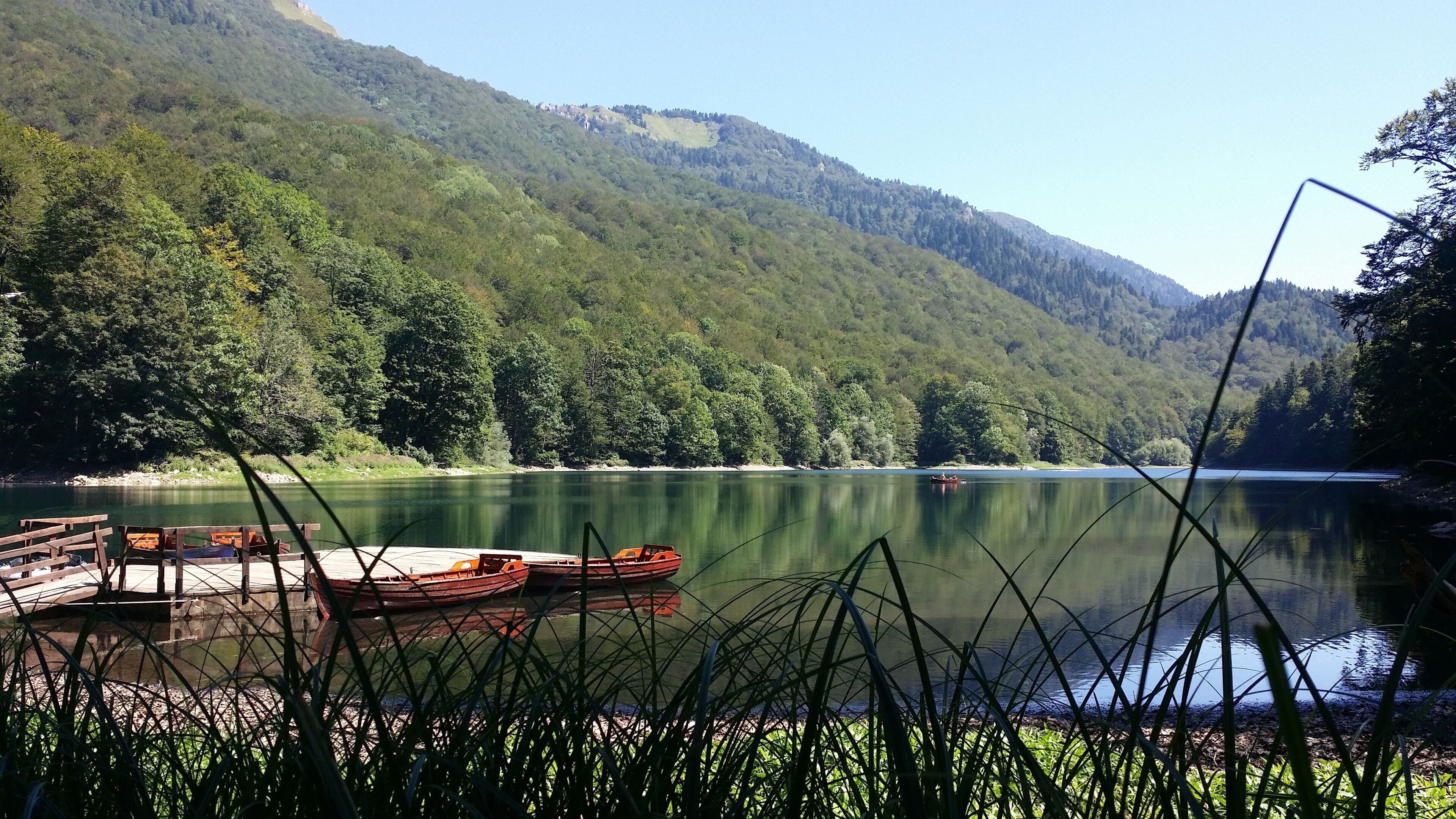 Un lac paisible, entouré d’une forêt dense et de collines.
