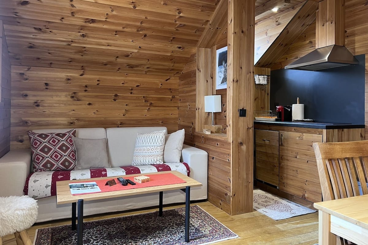 L’intérieur chaleureux d’un chalet avec un plafond en bois, un canapé agrémenté de coussins à motifs, une petite table avec des télécommandes et un coin cuisine.