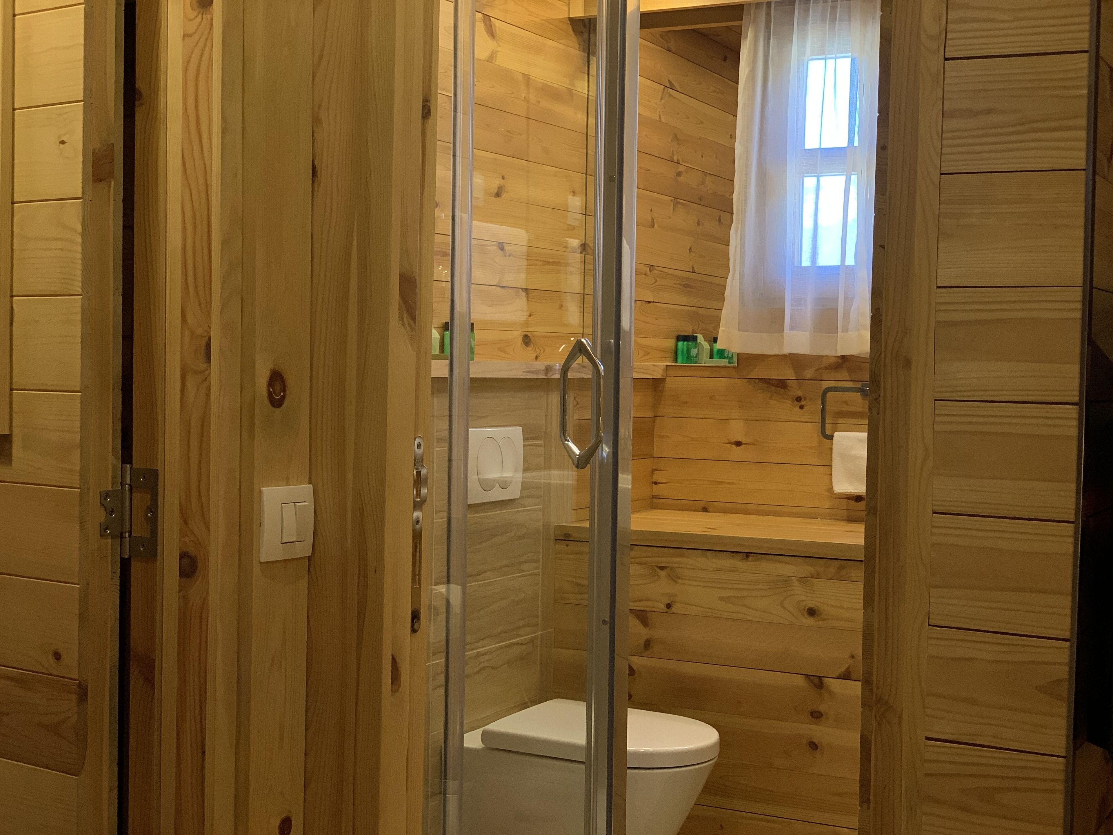 A wooden interior with a glass shower door, a toilet, and a shelf with toiletries.