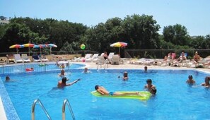 Outdoor pool, pool umbrellas, pool loungers