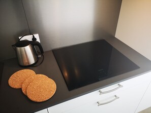 Full-sized fridge, oven, stovetop, dishwasher