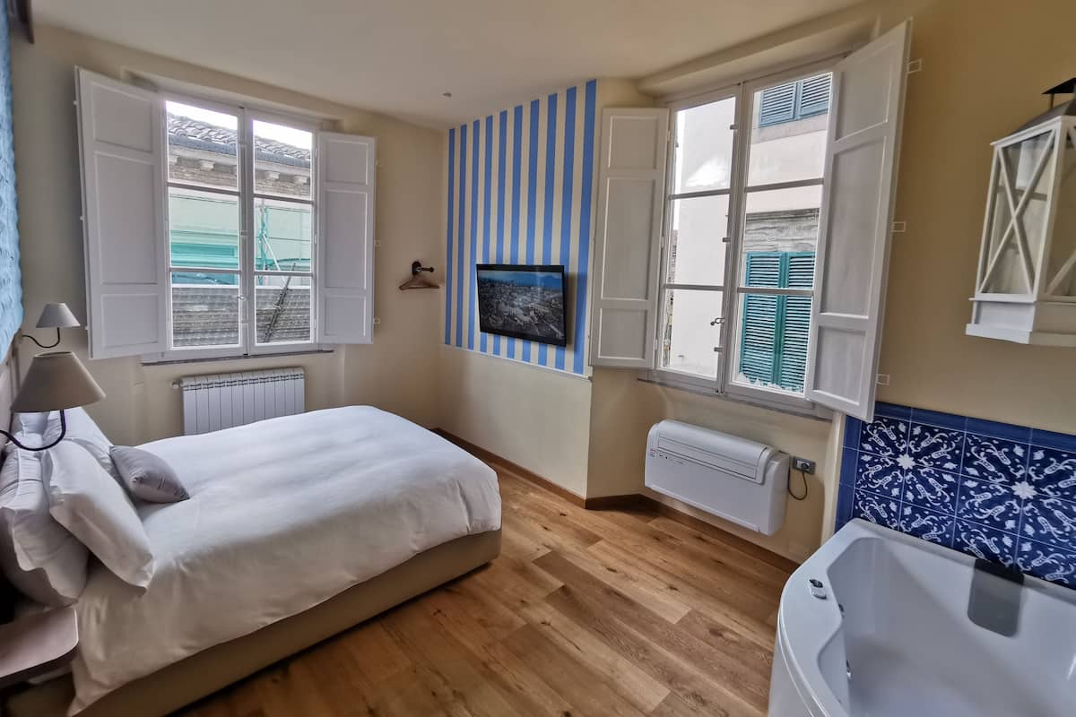A bedroom with a bed, a window, a radiator, a TV, and a bathtub.