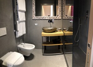 A modern bathroom with a large mirror, a vessel sink, a bidet, and a glass-enclosed shower. - Chalet Lucca (Lucca)