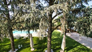 A well-maintained lawn with trees and white lanterns, a pool, and a tiled walkway. - B&B Casale Ansamagi Relax & Pool (Genzano di Roma)