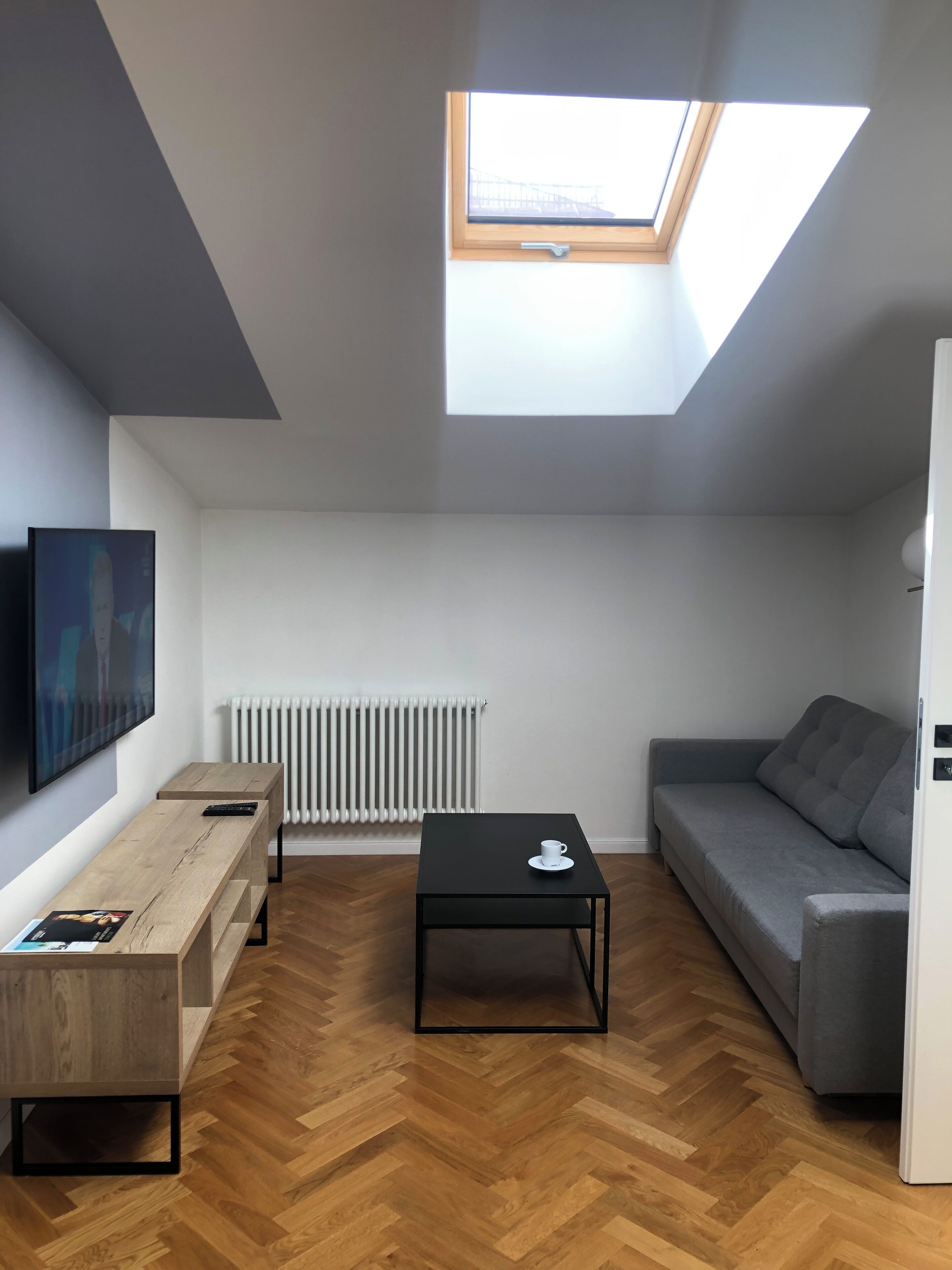 Ein modernes Wohnzimmer mit Dachfenster, einer Couch, einem Couchtisch, einem Fernseher und einer Heizung.