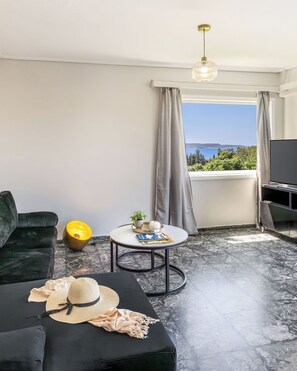 Apartment, 2 Bedrooms, Sea View | Living area | 32-inch flat-screen TV with digital channels, TV - Seaside Secret by BluPine (Vari-Voula-Vouliagmeni)