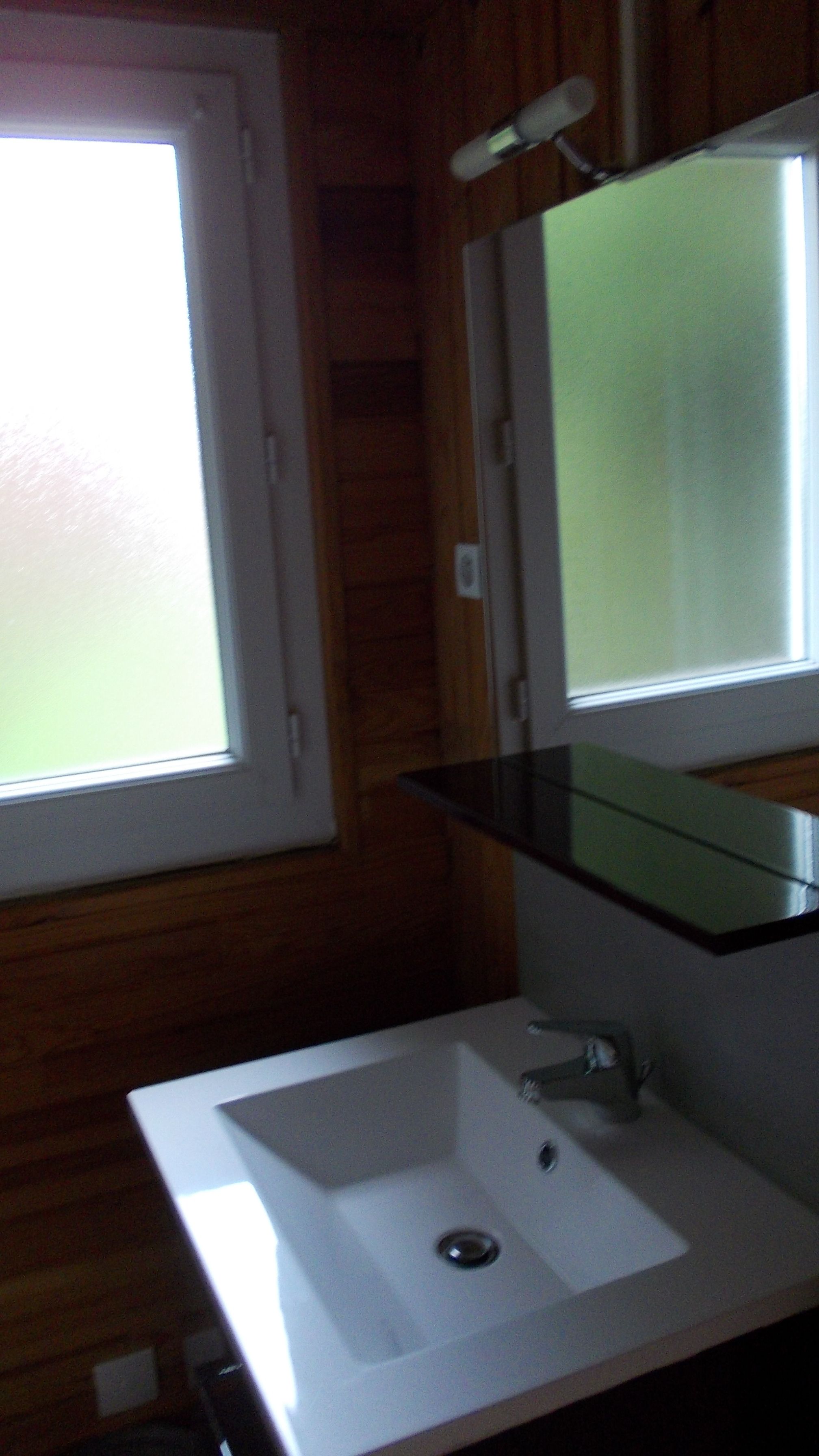 A bathroom with a white sink, a mirror, and a window.