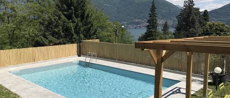 Seasonal outdoor pool, pool umbrellas, sun loungers