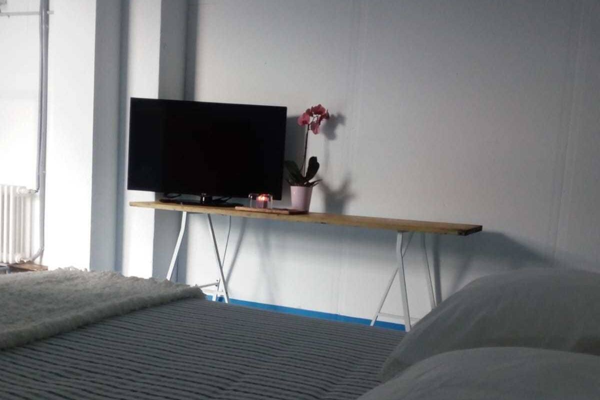 Een kamer met een bed, een flatscreen televisie op een houten standaard, een kleine potplant en een witte muur.