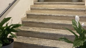A staircase with a handrail, potted plants, and a mirror on the wall. - La Dimora delle Muse (Catania)
