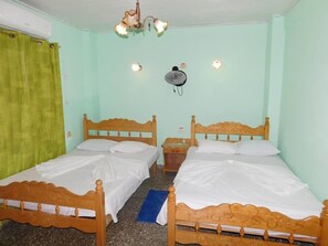 A room with two wooden beds, a ceiling fan, and a wall-mounted heater. - Casa Colonial 1850 Tito y Yiya (Viñales)