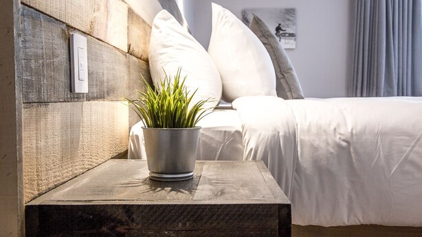 Un dormitorio moderno con cabecera de madera, una mesita de noche con planta en maceta y ropa de cama blanca.