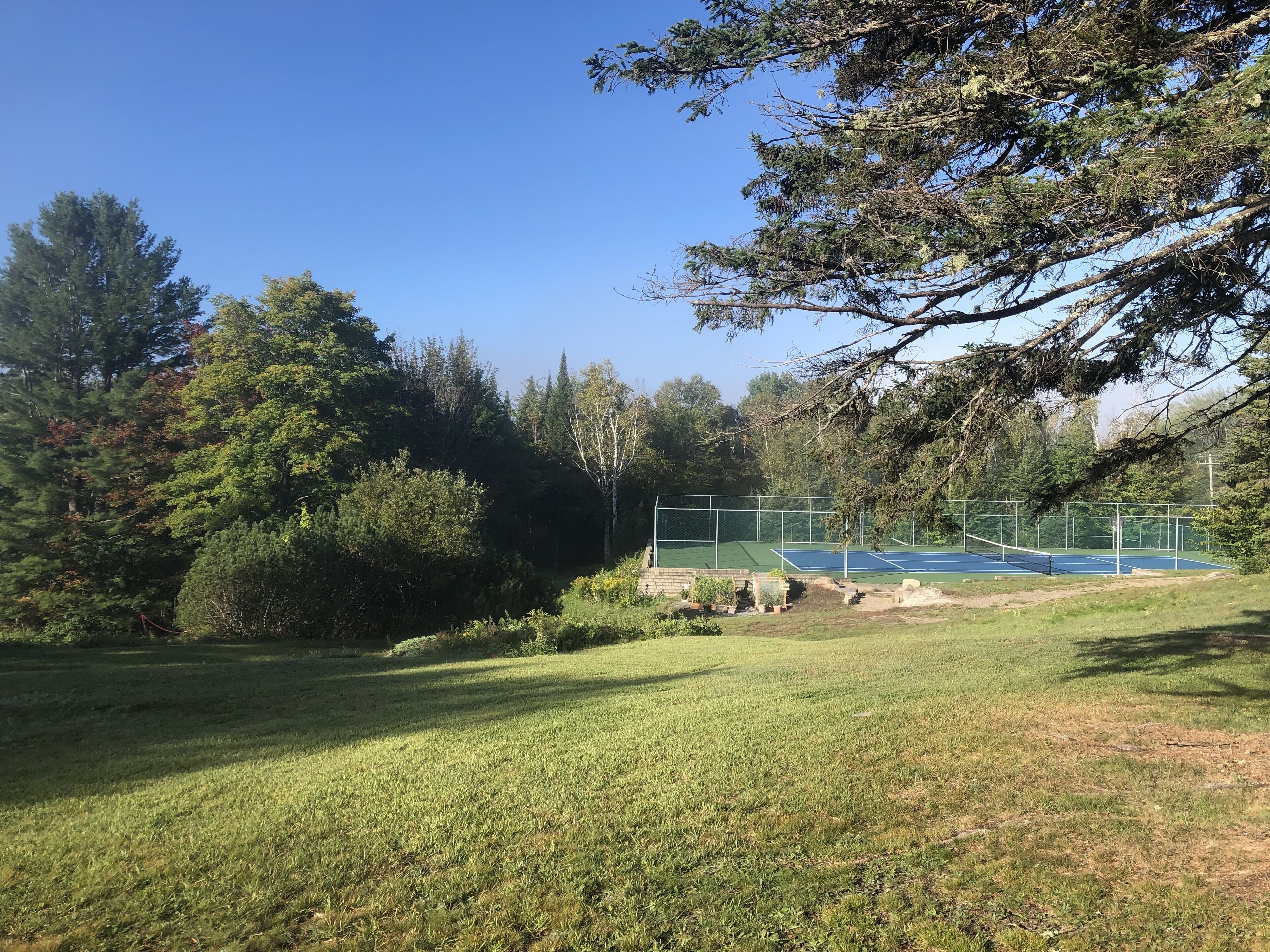 Una cancha de tenis rodeada de árboles y césped.