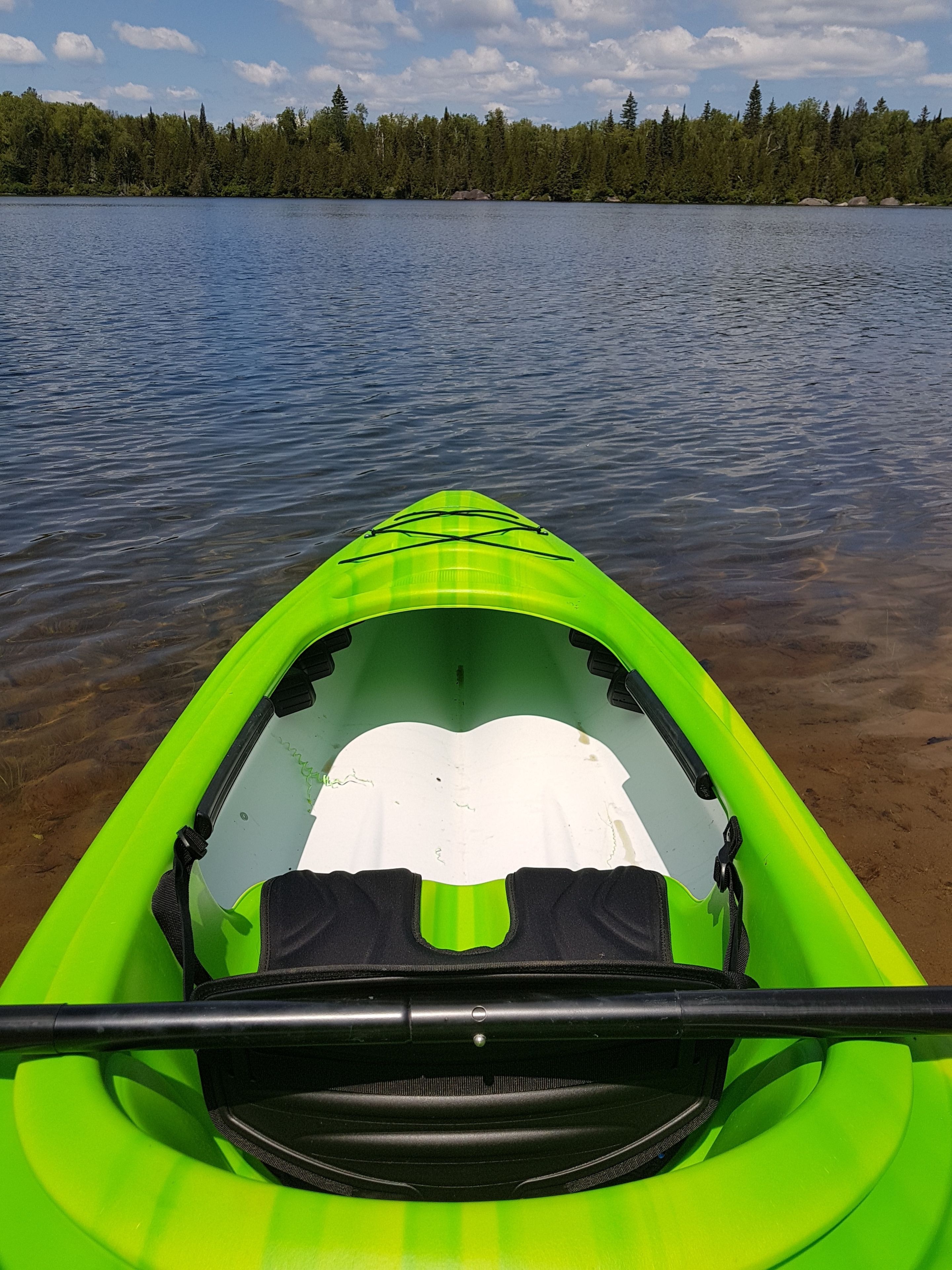 A green kayak with a white interior, positioned on a calm body of water with a forested shoreline in the background.