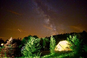 A night scene with a starry sky, a tent, and surrounding trees. - Camping des vignes (Dun)