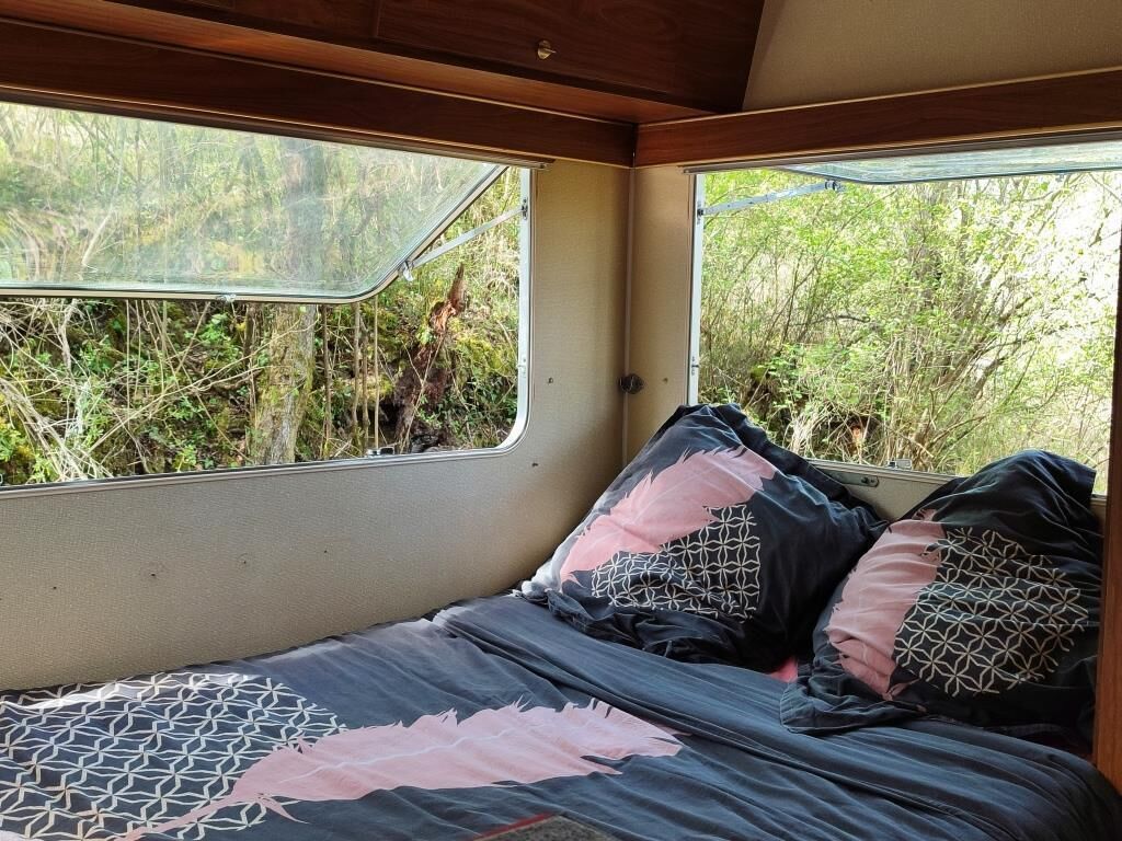 Un lit avec une literie à motifs et une fenêtre donnant sur un paysage verdoyant.