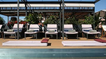 Seasonal outdoor pool, pool umbrellas, pool loungers