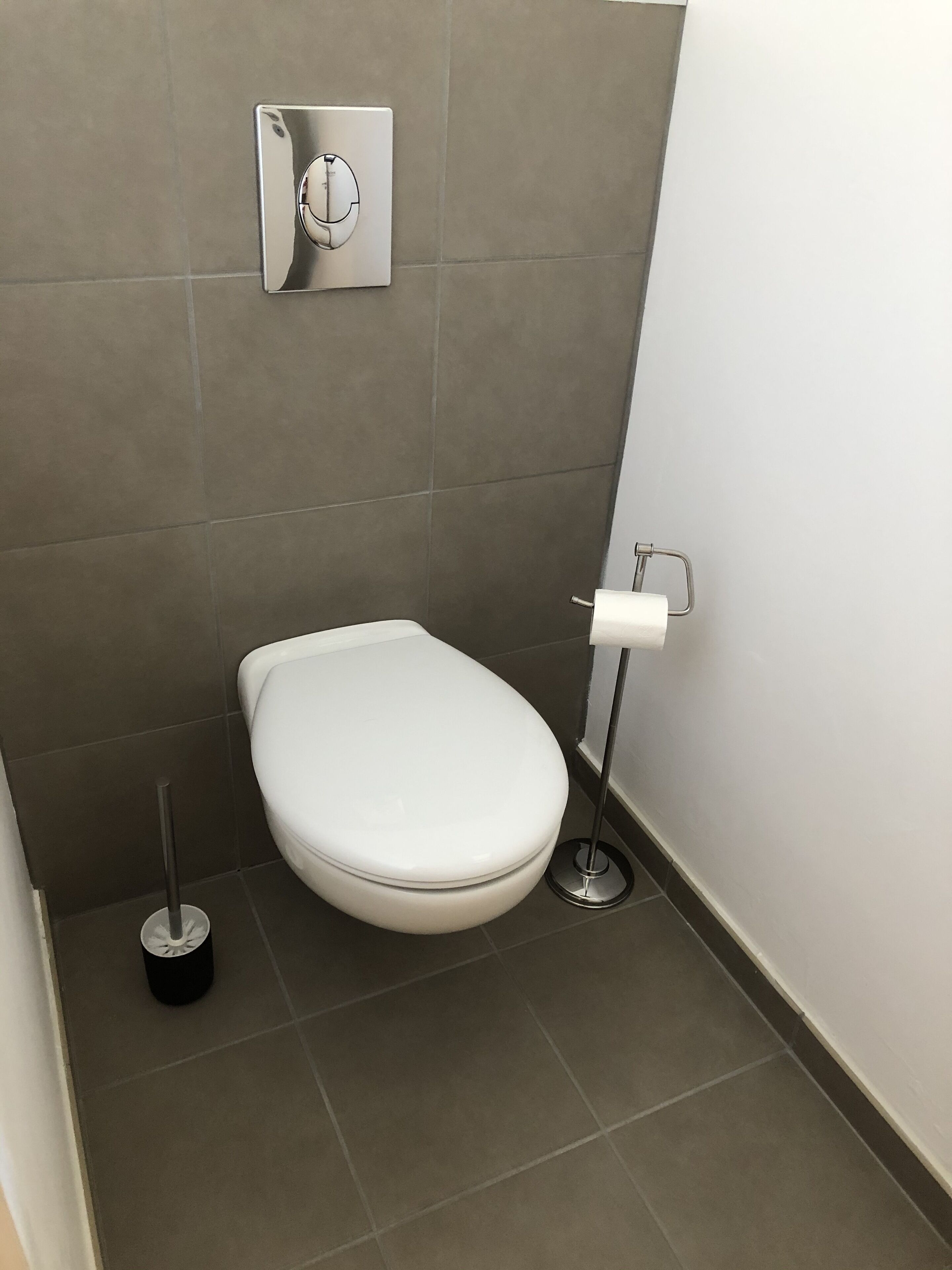 A small, modern bathroom with a toilet, a toilet paper holder, and a flush handle.
