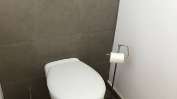 Ein kleines, modernes Badezimmer mit Toilette, Toilettenpapierhalter und Spülhebel.