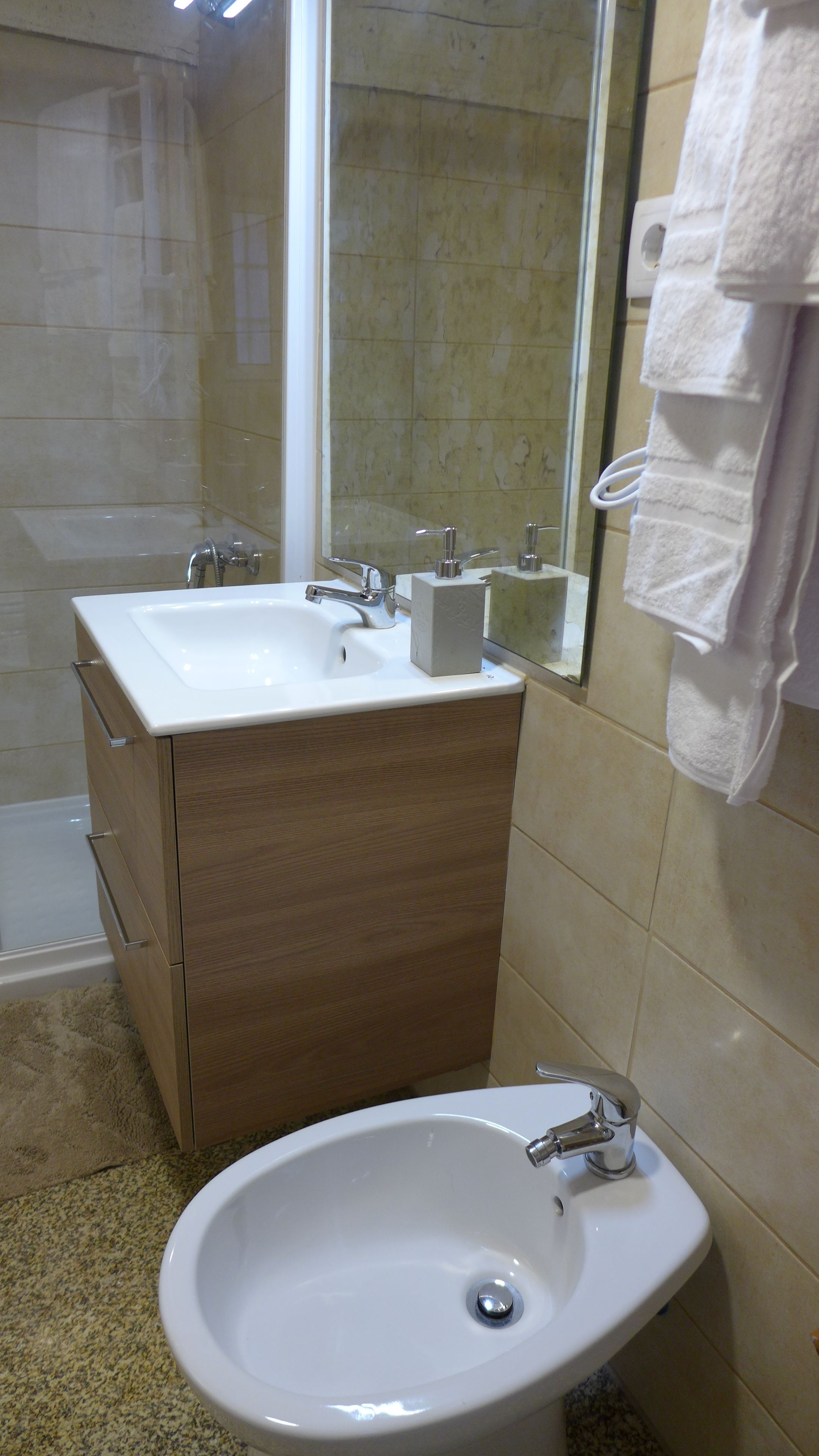 A bathroom with a sink, mirror, and a shower area.
