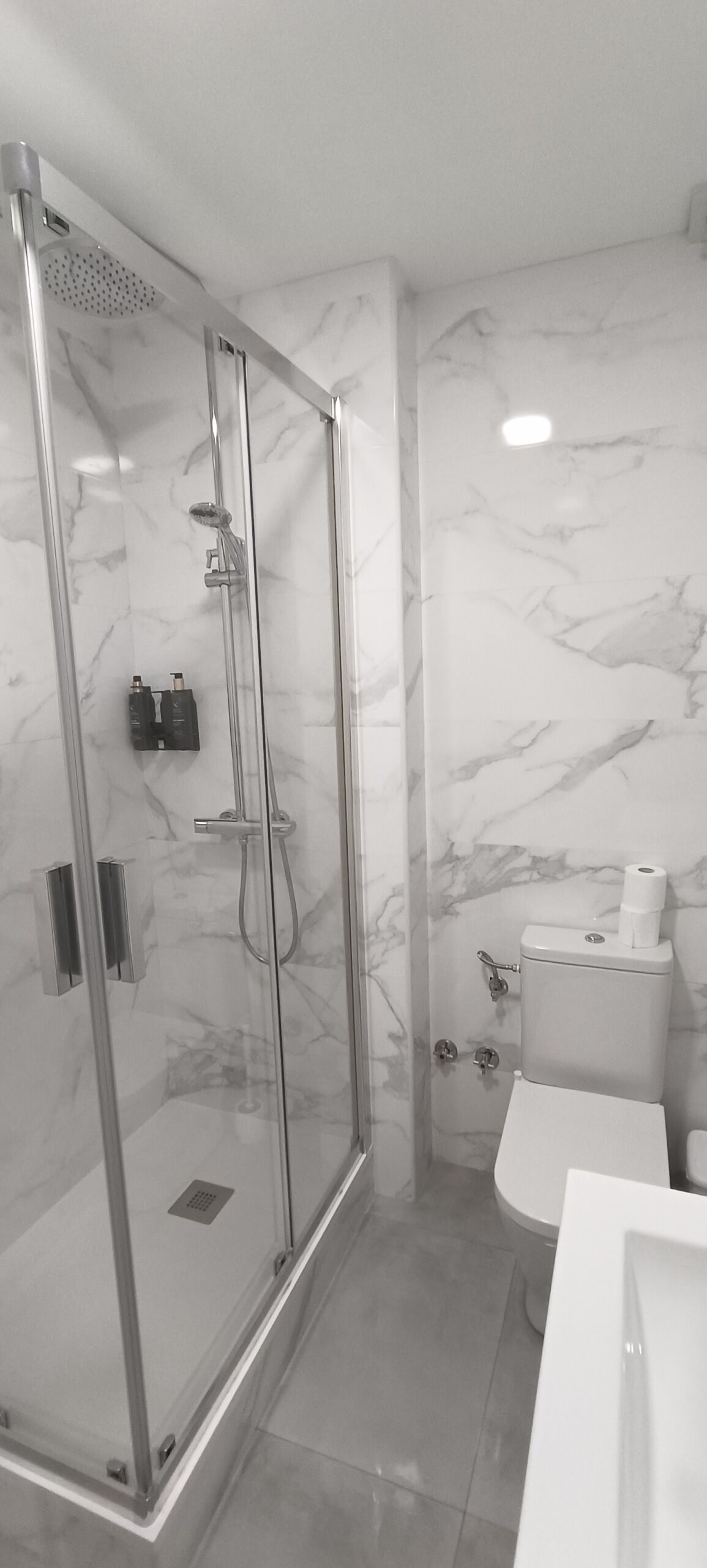 Une salle de bain moderne avec une douche à parois de verre, des toilettes et un lavabo.