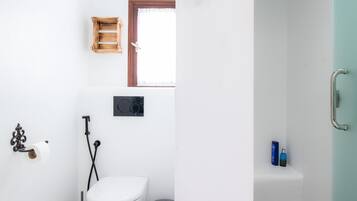 A modern bathroom with a toilet, bidet, and shower area.