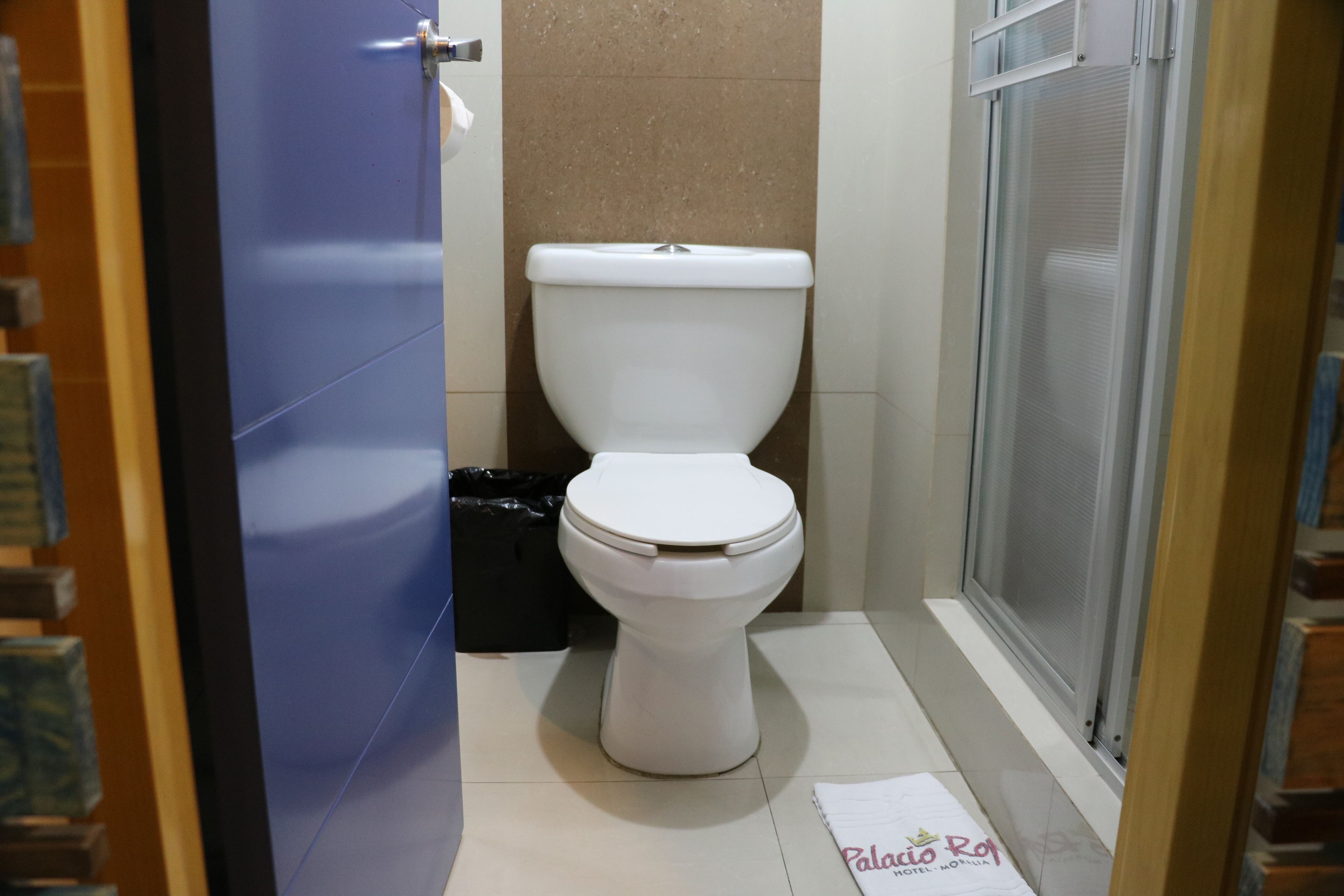 A bathroom with a white toilet, a black trash bin, and a shower area.