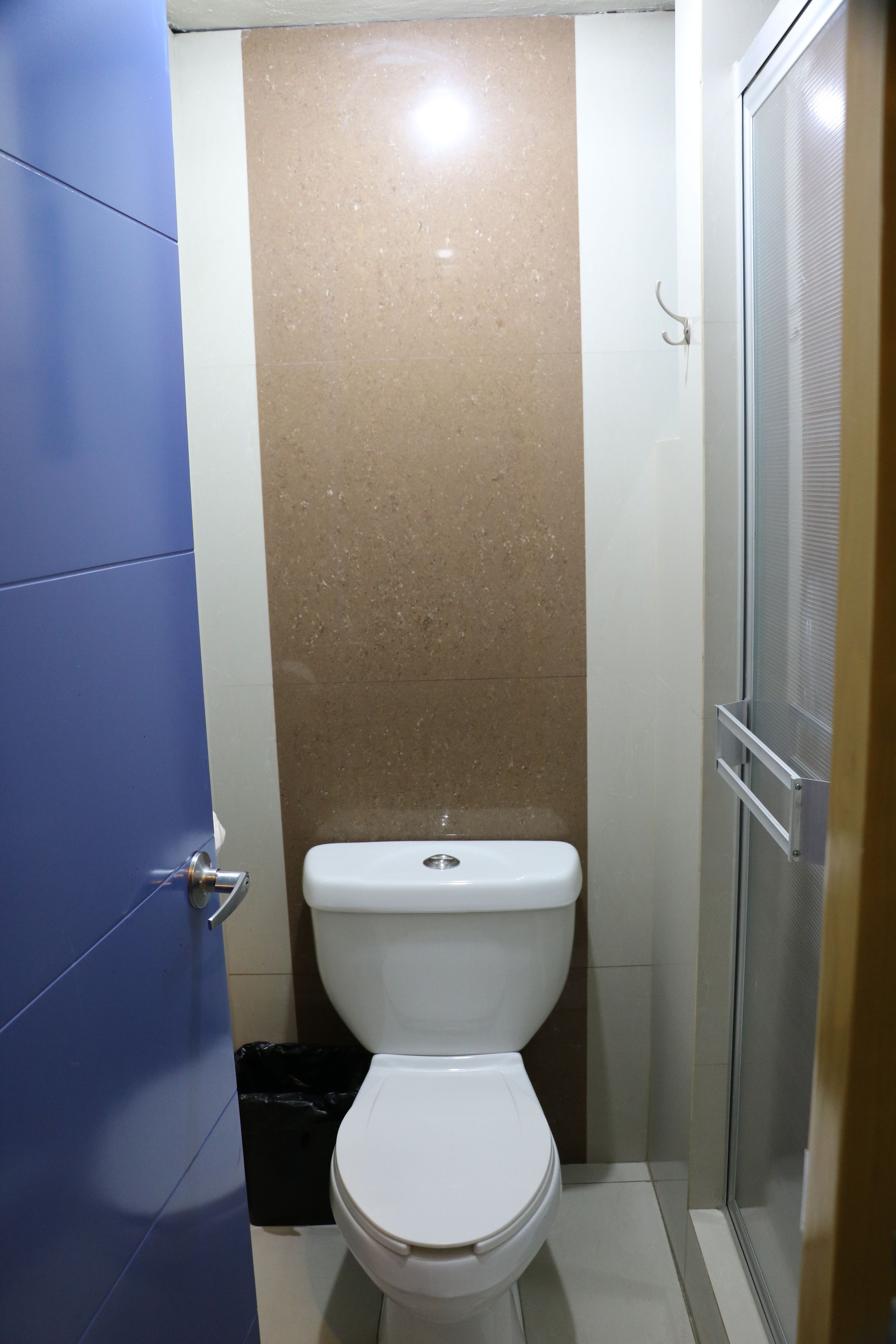A bathroom with a white toilet, a shower enclosure, and a blue door.
