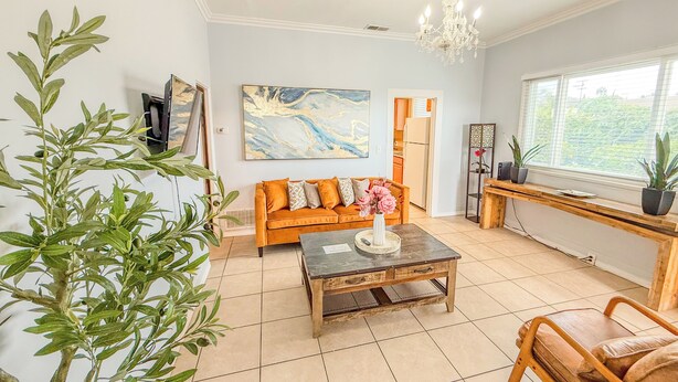 A living room with a sofa, coffee table, and a chandelier. There is a painting on the wall and a plant on the side.
