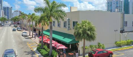 A street view with a restaurant patio, palm trees, and parked cars.