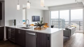 Premium Two Bedroom Apartment | Living area | 55-inch flat-screen TV with cable channels, TV