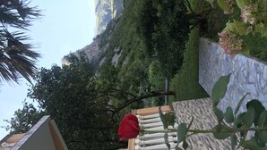 Ein Balkon mit Geländer, eine rote Blume und Blick auf eine üppige grüne Landschaft mit Bäumen und einem Berg im Hintergrund.