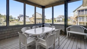A covered outdoor area with a round table and chairs, large windows, and a view of residential buildings.
