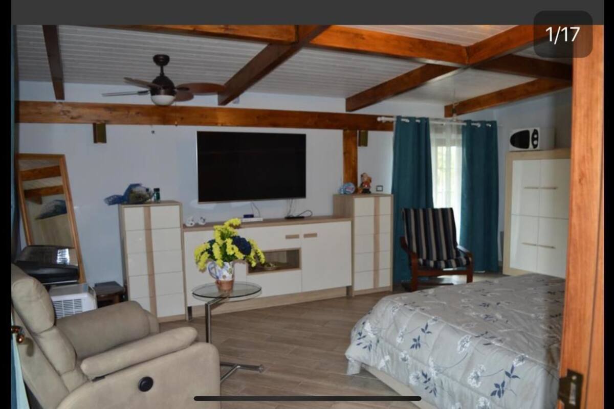 A room with a bed, a chair, a small table with a vase, a television, and a wardrobe.