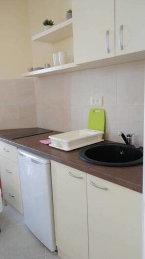 Estudio, vistas a la ciudad | Cocina básica privada | Frigorífico, placa de cocina, hervidor eléctrico y utensilios de cocina