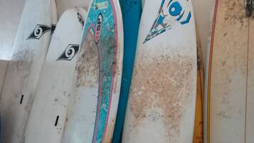A row of surfboards leaning against a wall.