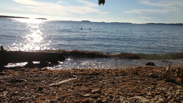 A rocky shoreline with calm water, distant land, and a clear sky. - Villa Mary near Rovinj (Rovinj)