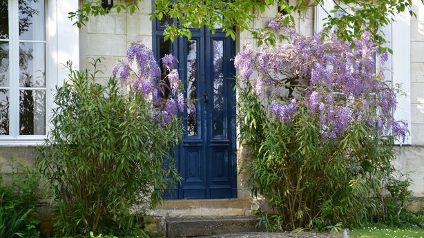 A traditional building with a dark blue door, surrounded by lush greenery and purple flowers. - Enjoy a relaxing stay (Fossès-et-Baleyssac)