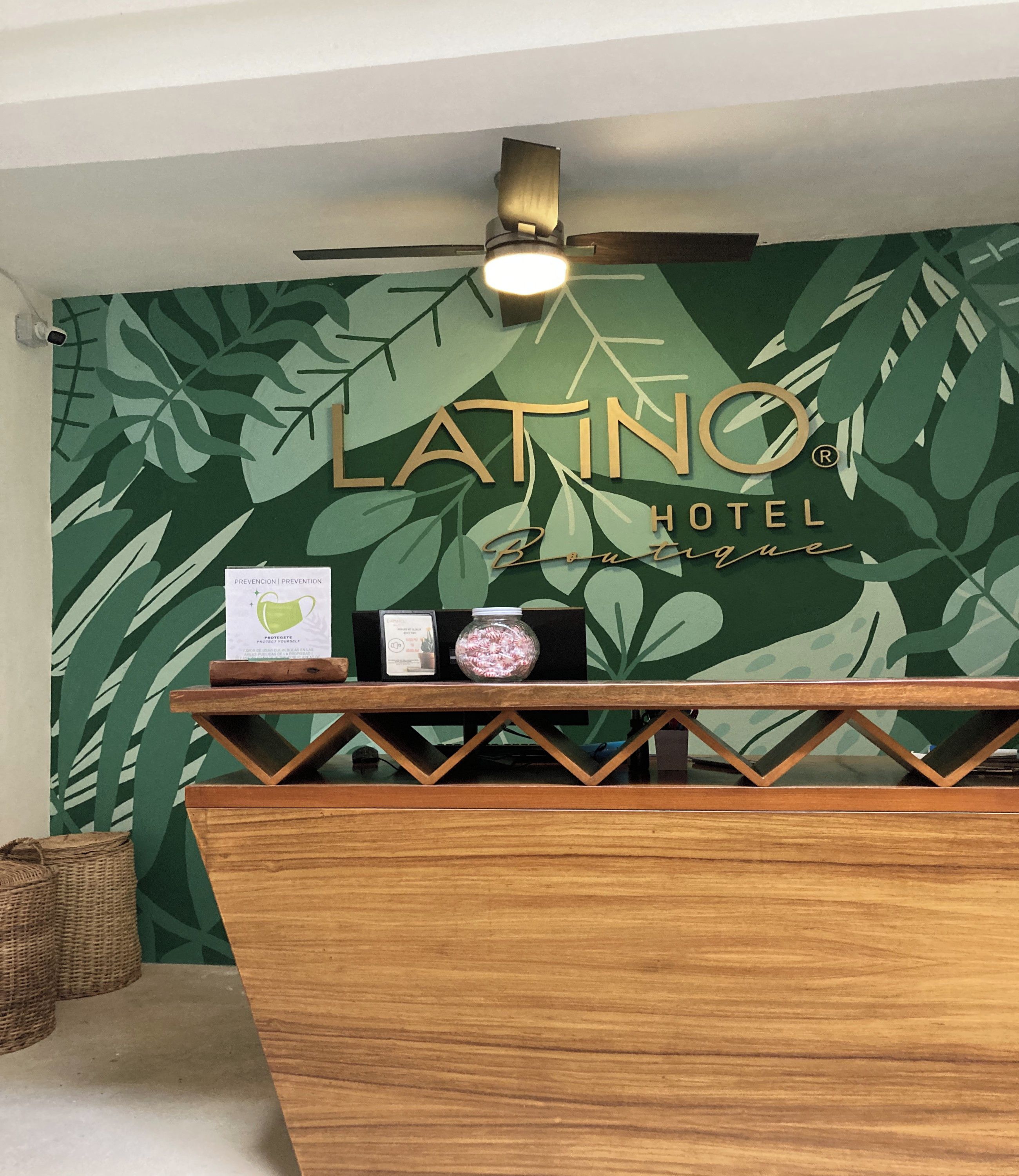 Una recepción con detalles de madera, un ventilador de techo en lo alto y una pared con estampado de hojas tropicales.