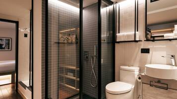 Shower, rainfall showerhead, eco-friendly toiletries, hair dryer