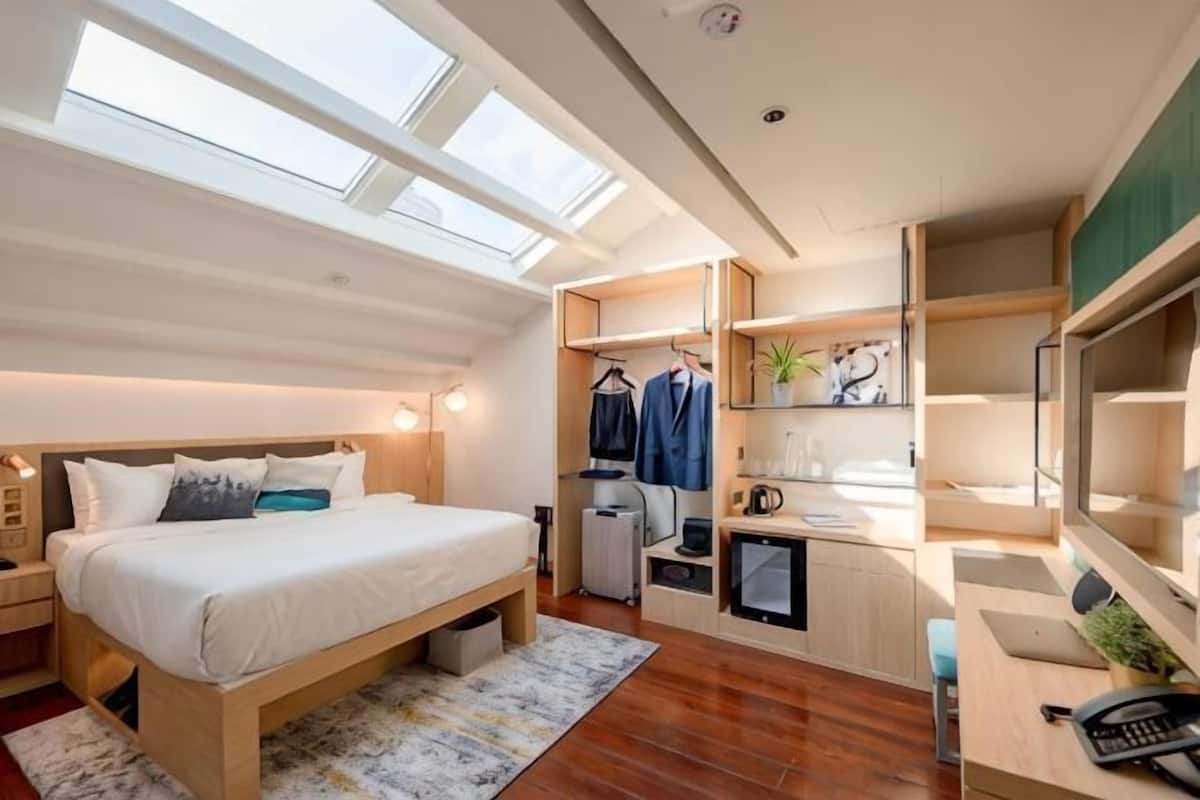 A bedroom with a bed, skylight, closet, and desk area.