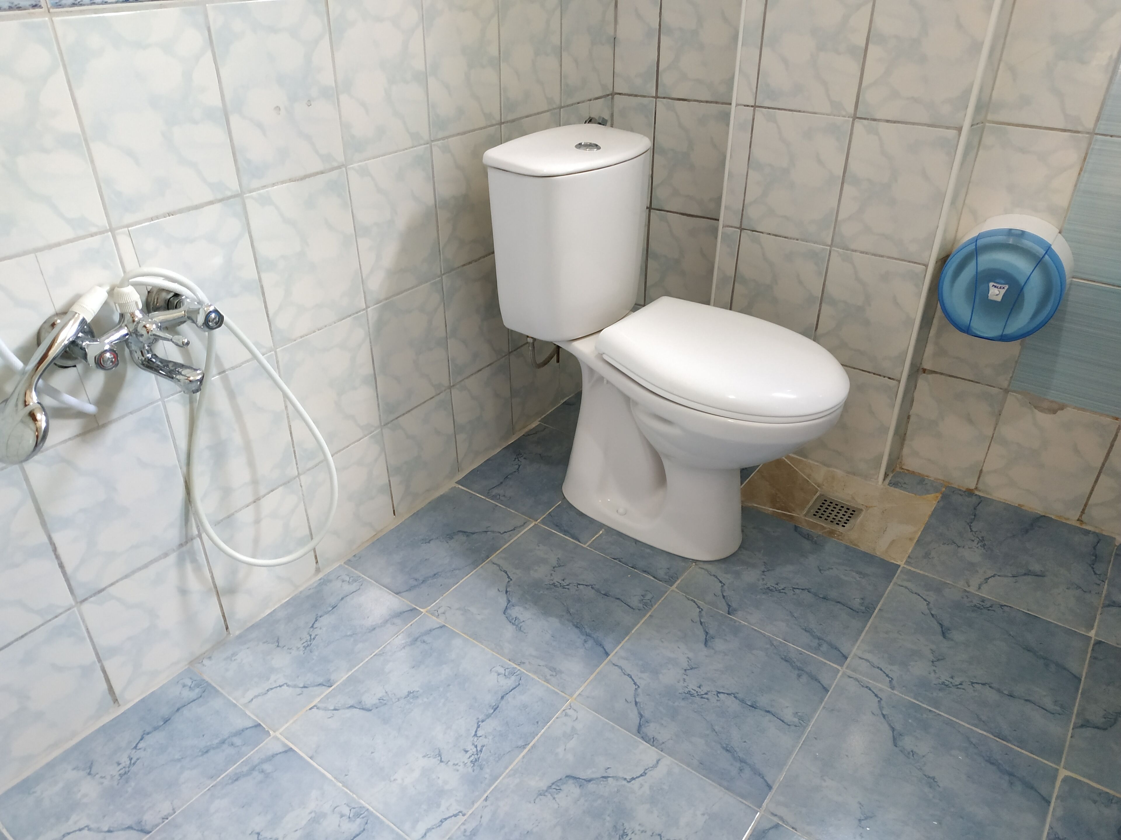Een badkamer met toilet, douchekraan en blauwe waterfilter.