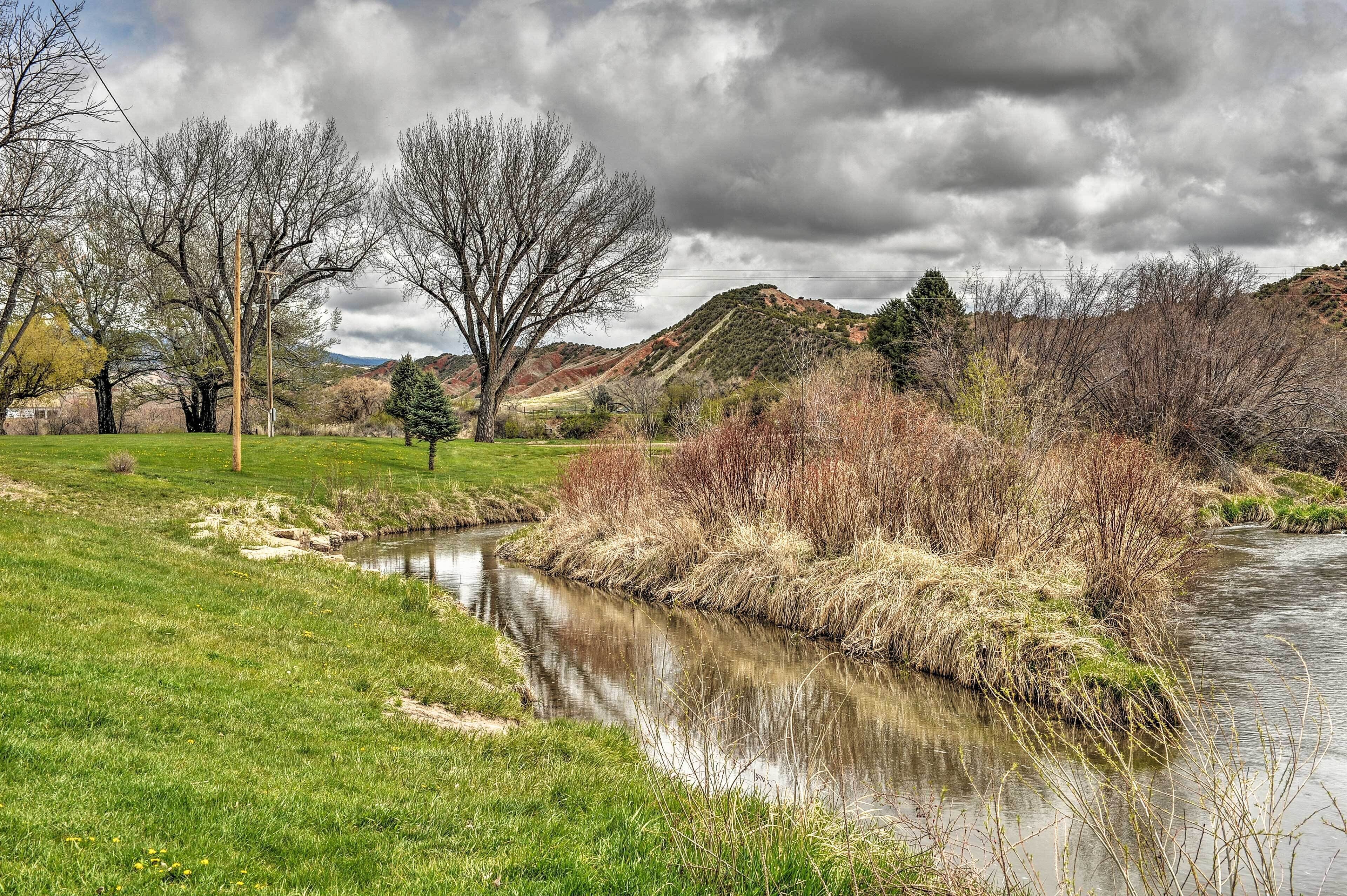 Un río serpentea por una zona cubierta de hierba, con árboles y colinas al fondo.