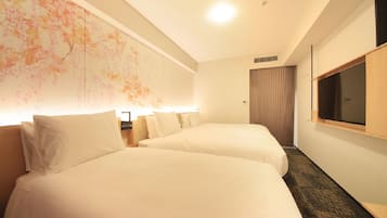 A hotel room with two beds, a large wall mural, a flat-screen TV, and a wooden cabinet.