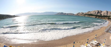 Une plage avec des vagues, un banc et des chaises longues.